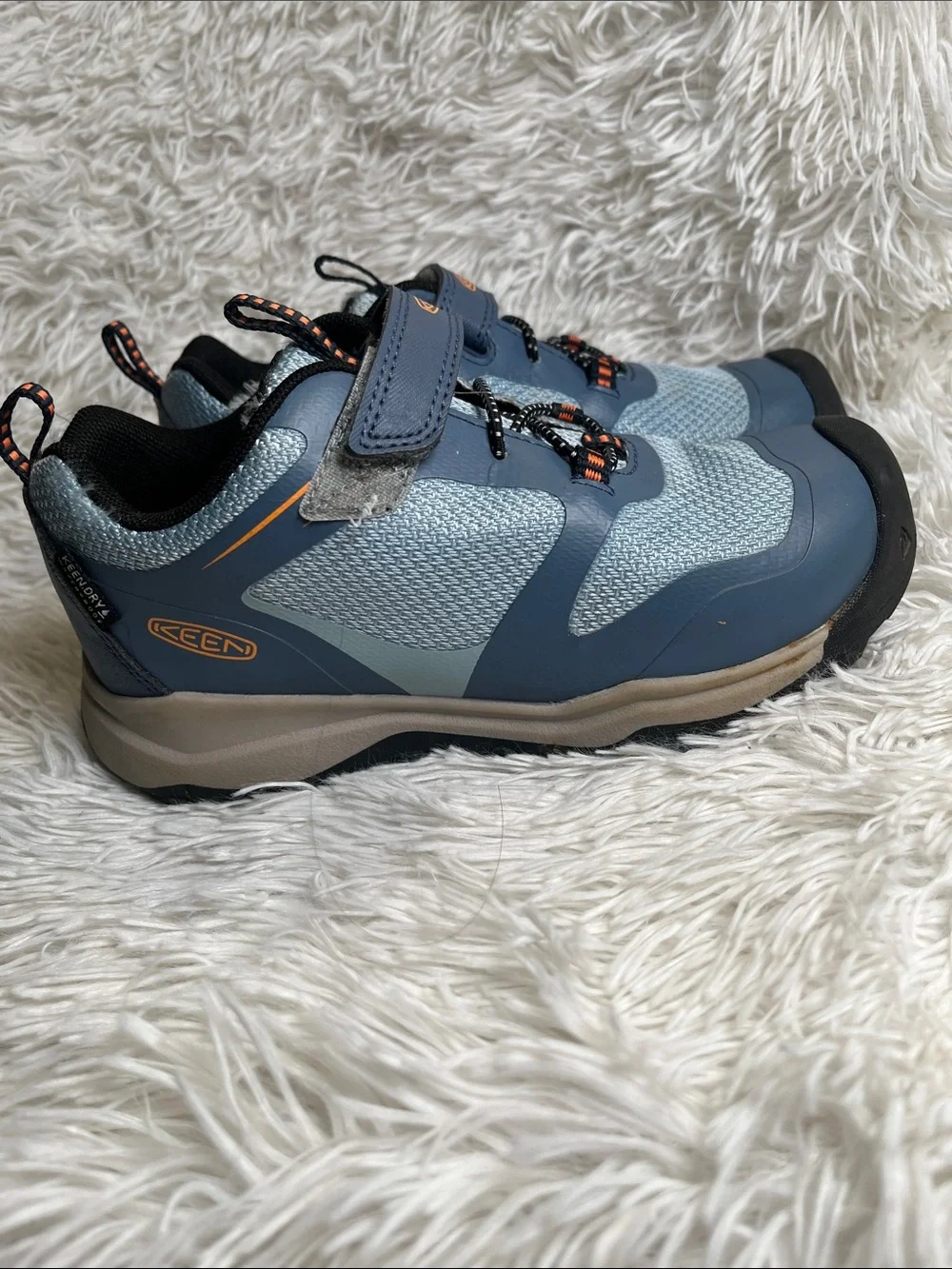 Keen Kids Light Blue and Navy Velcro Sneaker with Orange Accents